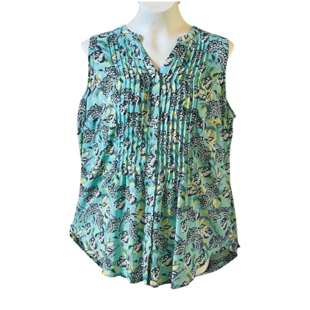 Charter Club Green Floral Pleated Sleeveless Top Hi-Low Blouse 0X Plus Size